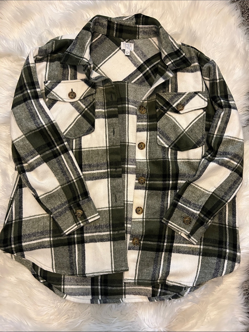 Time and Tru Olive and White Plaid Button-Down Shacket